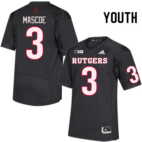 Youth #3 Bo Mascoe Rutgers Scarlet Knights College Football Jerseys Stitched Sale-Black - Click Image to Close